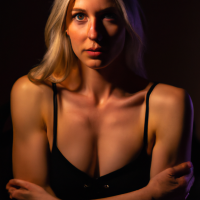 Photo Portrait of a woman wearing a strapless black top + eye contact + full body pose arms crossed on her chest + blonde hair and dark-green eyes + candlelight and intimate setting  + lots of detail + very detailed shadows