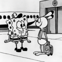 SpongeBob SquarePants talking to a mouse in an airport, 1960s Cartoon