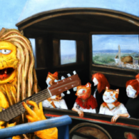 Garfield driving a school bus in a rock concert, Painting by Leonardo Da Vinci