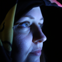 dark and beautiful photos of a young woman in a colurful scarf, in the style of daan roosegaarde, religious subjects, mikhail nesterov, contemporary take on medieval art, forestpunk, webcam photography, linnea strid, scar on left cheek, not looking directly at camera