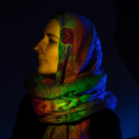 dark and beautiful photos of a young woman in a colurful scarf, in the style of daan roosegaarde, religious subjects, mikhail nesterov, contemporary take on medieval art, forestpunk, webcam photography, linnea strid, scar on left cheek, not looking directly at camera