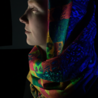 dark and beautiful photos of a young woman in a colurful scarf, in the style of daan roosegaarde, religious subjects, mikhail nesterov, contemporary take on medieval art, forestpunk, webcam photography, linnea strid, scar on left cheek, not looking directly at camera