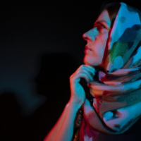 dark and beautiful photos of a young woman in a colurful scarf, in the style of daan roosegaarde, religious subjects, mikhail nesterov, contemporary take on medieval art, forestpunk, webcam photography, linnea strid, scar on left cheek, not looking directly at camera