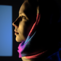 dark and beautiful photos of a young woman in a colurful scarf, in the style of daan roosegaarde, religious subjects, mikhail nesterov, contemporary take on medieval art, forestpunk, webcam photography, linnea strid, scar on left cheek, not looking directly at camera